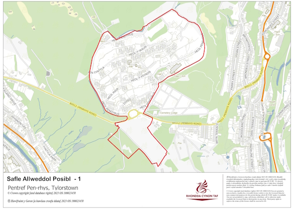 Mae'r map uchod yn dangos ffiniau'r Safle Allweddol ym Mhenrhys, Tylorstown