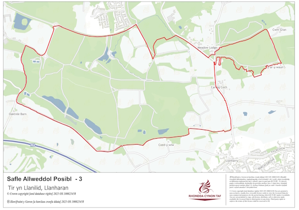 Mae'r map uchod yn dangos ffiniau'r Safle Allweddol yn Llanilid, Llanharan