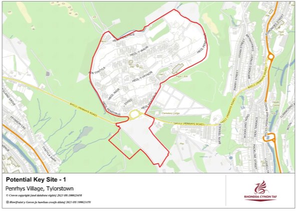 The map shows the boundaries of the Key Site at Penrhys, Tylorstown