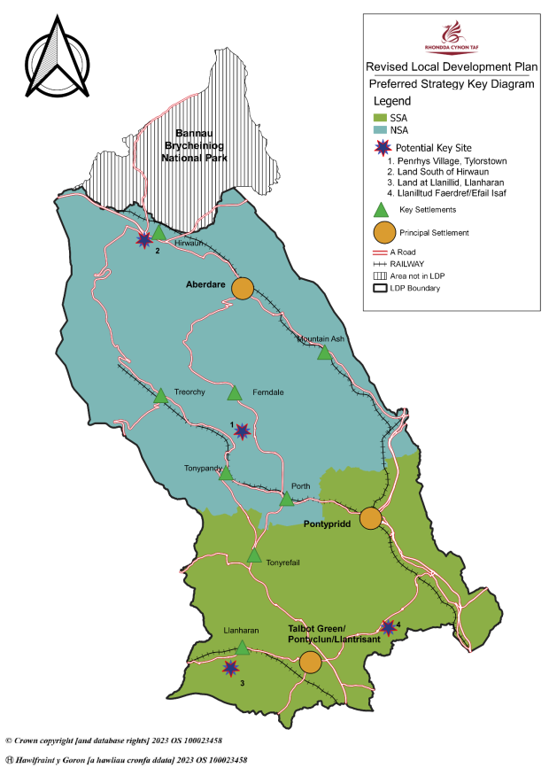 The above map is the Preferred Strategy Key Diagram, showing the locations of the potential key Sites, Principal and Key Settlements, and Northern and Southern Strategy Areas.