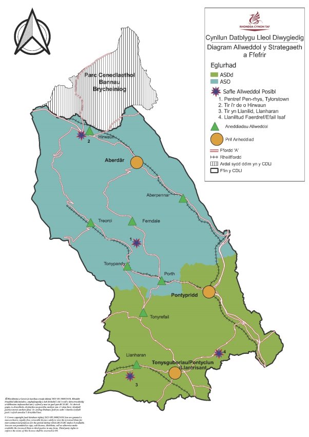 Y map uchod yw'r Diagram Allweddol i’r Strategaeth a Ffefrir, sy'n dangos lleoliadau'r Safleoedd Allweddol posibl, Prif Aneddiadau ac Aneddiadau Allweddol ac Ardaloedd Strategaeth y Gogledd a’r De.